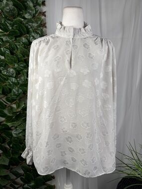 Ann Taylor Ivory Floral Jacquard Ruffle Neck Blouse
